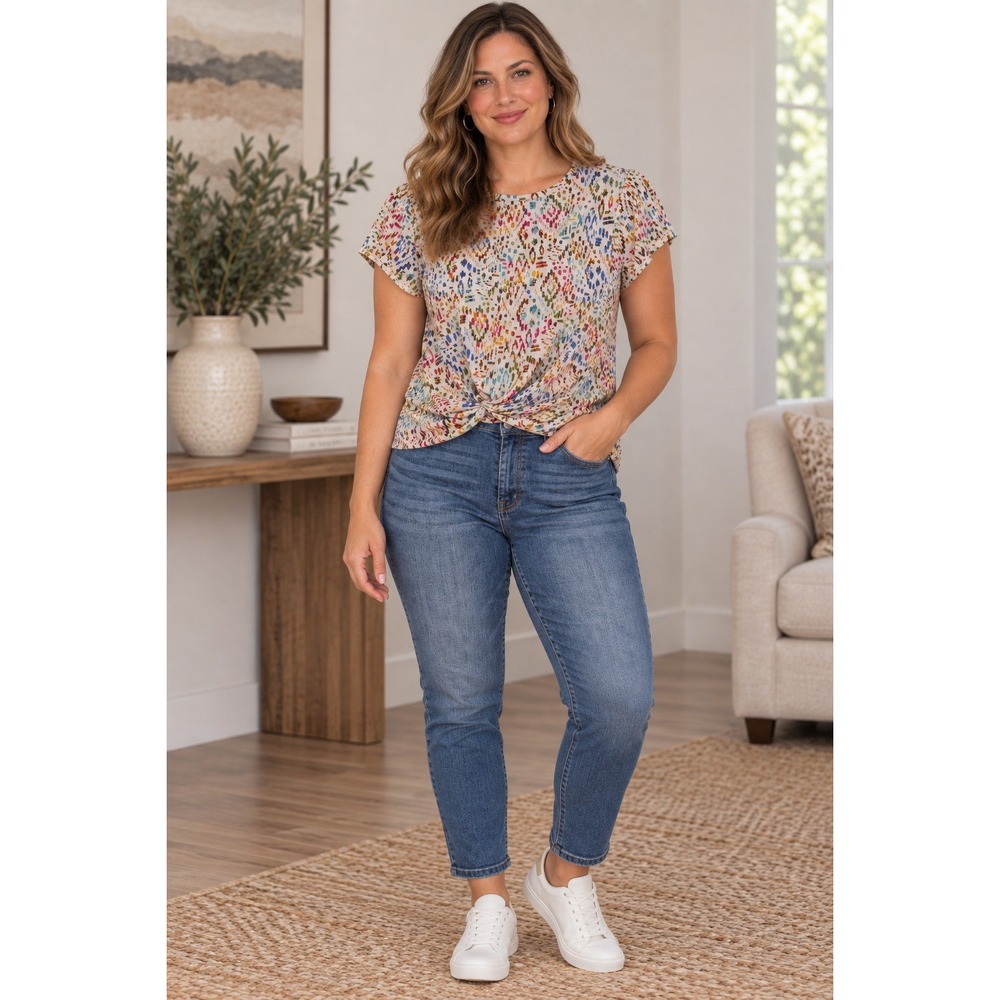 Democracy Top Womens M Multicolor Abstract Print Twist Front Short Sleeve